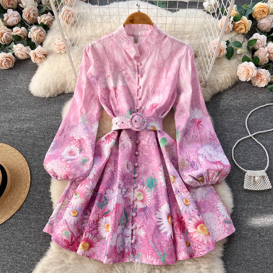 High Quality Floral Print Belted Long Flare Sleeve Stand Collar Flower Mini Dress