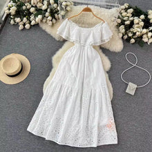 High Quality Double Layer Ruffle Embroidery Off Shoulder Elastic Waist Maxi Dress