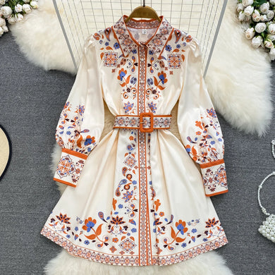 High quality floral print long sleeve bohemian short dress