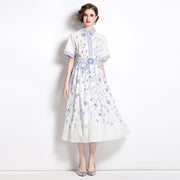 High Quality A-Line Floral Print Turn-down Collar Short Sleeve Chiffon Elegant Dress