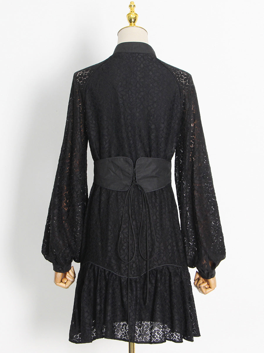 High Quality Stand Collar Long Sleeve Hole Embroidered Dress