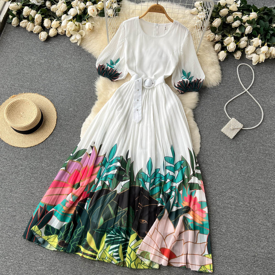 High Quality Round Neck Leaf Floral Print Belted Short Sleeve Pleated Long Dress