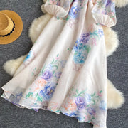Lace Chiffon Floral Dress Maxi A-line Lantern Sleeve V Neck Spring Women Retro French Fairycore Elegant Vacation Dress