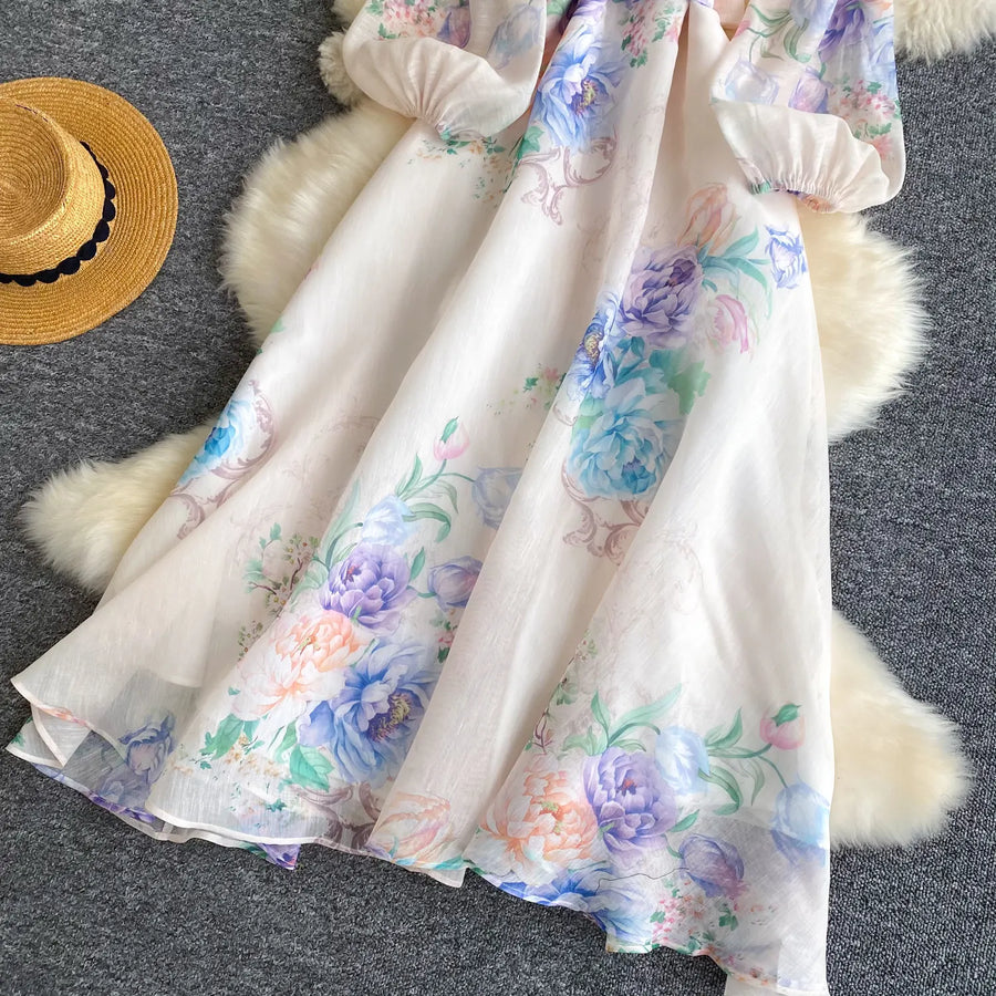 Lace Chiffon Floral Dress Maxi A-line Lantern Sleeve V Neck Spring Women Retro French Fairycore Elegant Vacation Dress