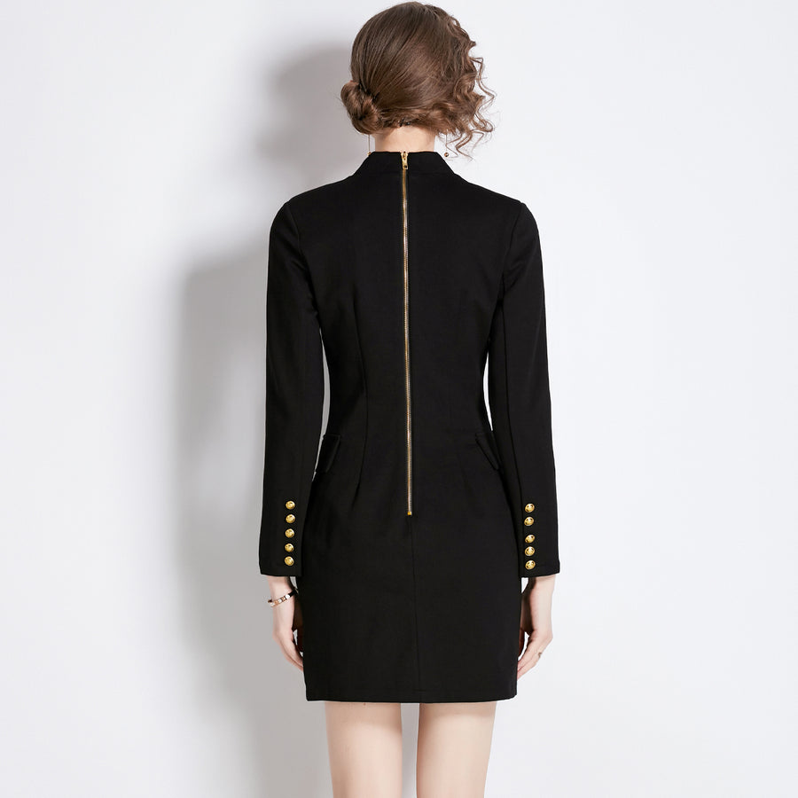 High Quality Black Long Sleeve Double Breasted Midi Elegant Dress