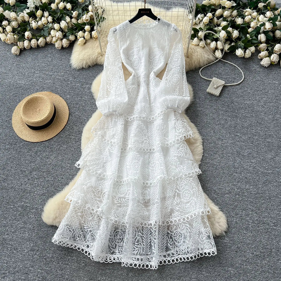 Cake Dress Women Long Dresses High Waist Vestidos Full Sleeve Elegant Splice Y2k Streetwear Work Party Night Ruffles High Waist