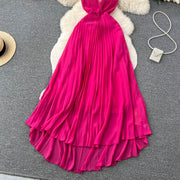 High Quality Solid Deep V Neck Sling Cross Ruffles Backless Pleated Maxi Dress