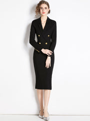 High Quality Black Long Sleeve Double Breasted Midi Elegant Dress