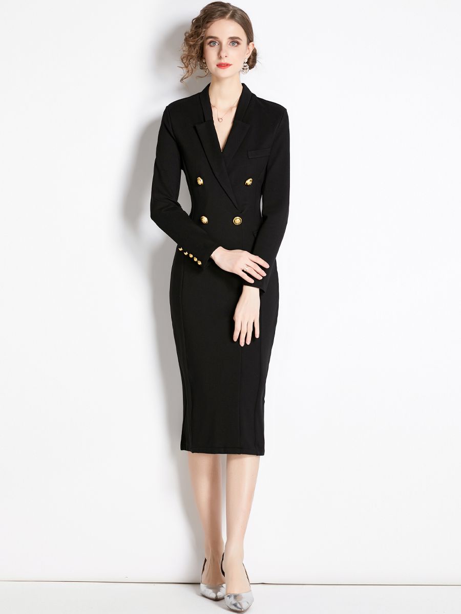 High Quality Black Long Sleeve Double Breasted Midi Elegant Dress