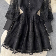 Vintage Flowers Embroidered Hollow Out Lace Dress High Neck Long Lantern Sleeve High Quality Pearl Buttons