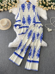 Women Two Piece Skirt Sets Shirt Muslim Suits Shirt Tops Full Sleeve Solid Wide Leg Pant Long Elegant Elastic Waist Summer 2025