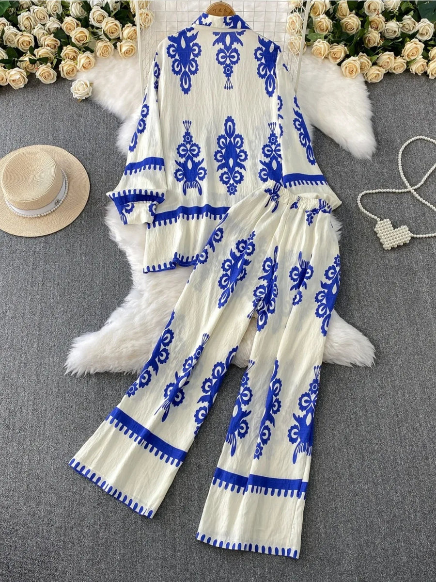 Women Two Piece Skirt Sets Shirt Muslim Suits Shirt Tops Full Sleeve Solid Wide Leg Pant Long Elegant Elastic Waist Summer 2025