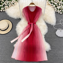 High Quality High Waist Gradient Lace-up Round Neck Pleated Dress