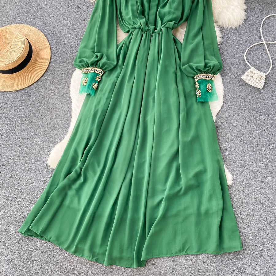 High Quality Various Colors Lantern Sleeve O Neck Maxi Embroidered Dress