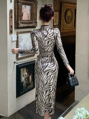 High Quality Slim Fit Long Sleeve Leopard Print Dress