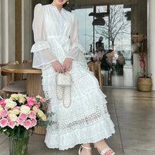 High quality long openwork bell sleeve ruffle elegant dress