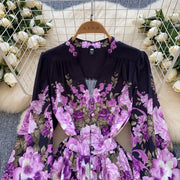 French Print V-neck Puff Sleeve Long Sleeve Single Breasted Dress A-line Casual Women Fashion Autumn Spring Vestidos Clothing