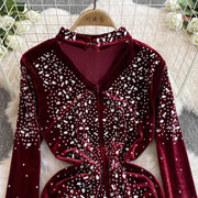 High Quality O Neck Long Sleeve Bodycon Sexy Rhinestones Velvet Vintage Elegant Dresses