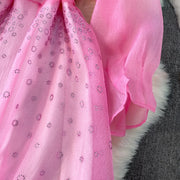 Fashion Temperament Bandage Slim Waist Dress Fairy Gauze Ruffled Long Robe Turn-down Collar Single Breasted Diamonds Vestidos