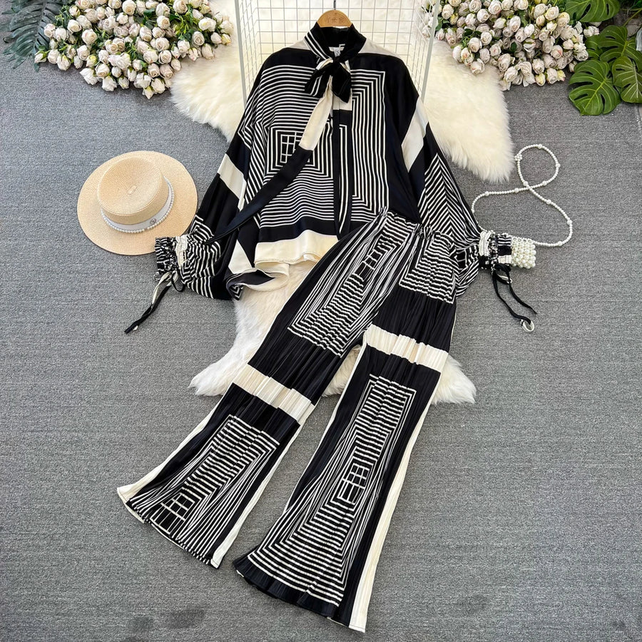 Elegant two-piece set pleated summer chiffon shirt + high-quality floral print pleated wide-leg pants