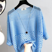 Trendy multicolor round neck hollow striped knitted fine sweater