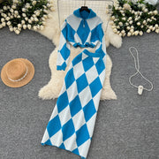 American Fashion Warm Suits Women Lapel Neck Zipper Tops+High Elastic Skinny Skirt Plaid Streetwear Two Pieces Sets