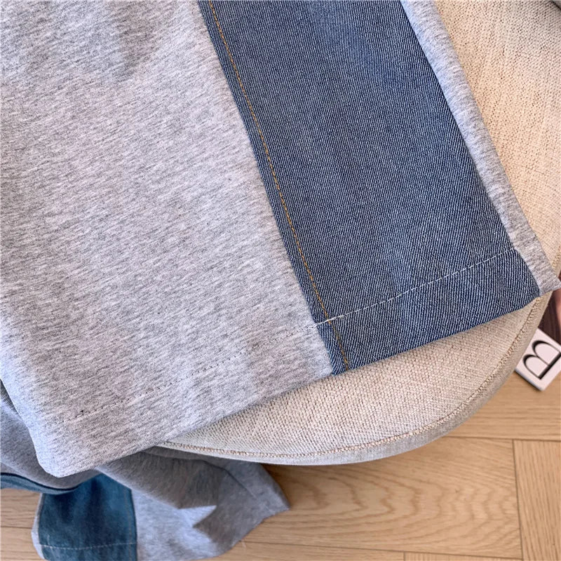 2024 Summer New Stitched Zipper T-shirt top Female Set Elegant Women's Jeans Casual Blouse Two Piece Set Ladies Tracksuits big