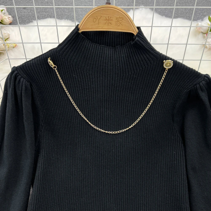 Women Elegant Style Two-piece Winter Lantern Long Sleeve Stand Collar Slim Knit Top High Waist Plaid Skirt Two-piece Set Women