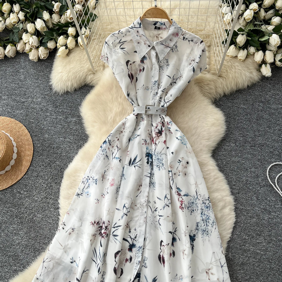 Dress Women Long Dresses High Waist Vestidos Polo Collar Short Sleeve Elegant Splice Y2k Streetwear Work Party Night Print