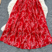Women's long floral dress with thin straps, sleeveless, elastic, ruched with high-quality print