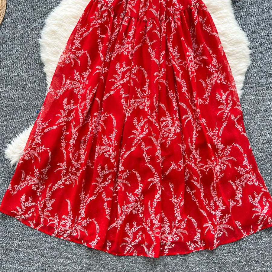 Women's long floral dress with thin straps, sleeveless, elastic, ruched with high-quality print