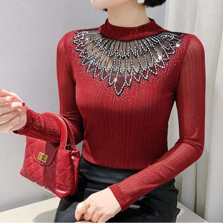 Elegant Stand Collar Diamond Mesh Long Sleeve T-shirt