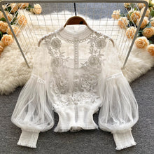 High quality vintage lace puff long sleeve blouse with a little sheer