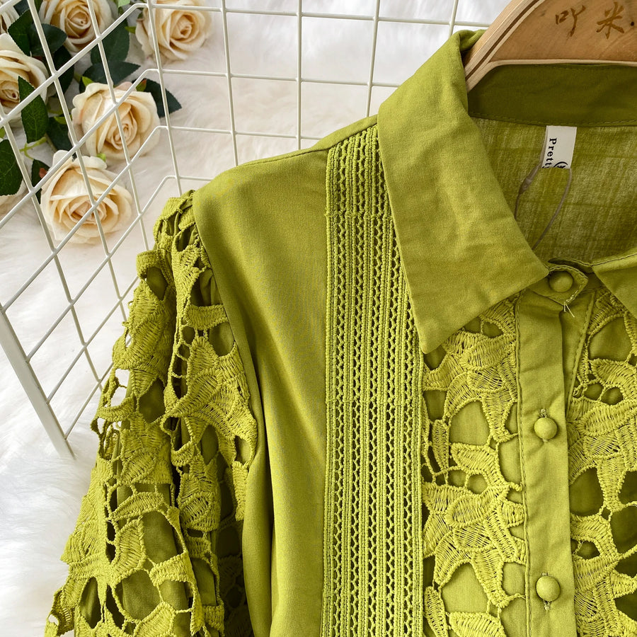 Skirt Sets Women Clothing Temperament Two Piece Set Patchwork Lace Blouses High Waist Hollow Out Long Skirts Suit Summer Outfits