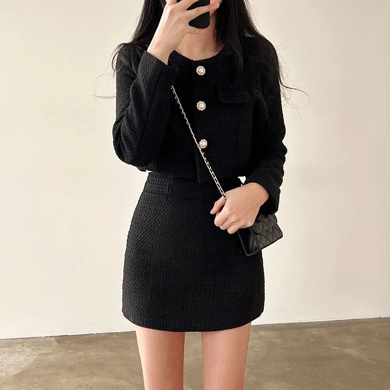 Tweed two piece set single breasted long sleeve crop top + high waist flared mini skirt high quality