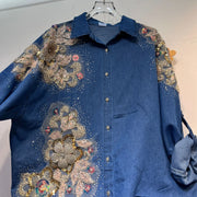 Casual two-piece set: heavy floral denim shirt, loose lapel beaded top, and wide-leg jeans