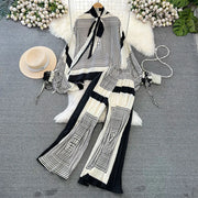 Elegant two-piece set pleated summer chiffon shirt + high-quality floral print pleated wide-leg pants