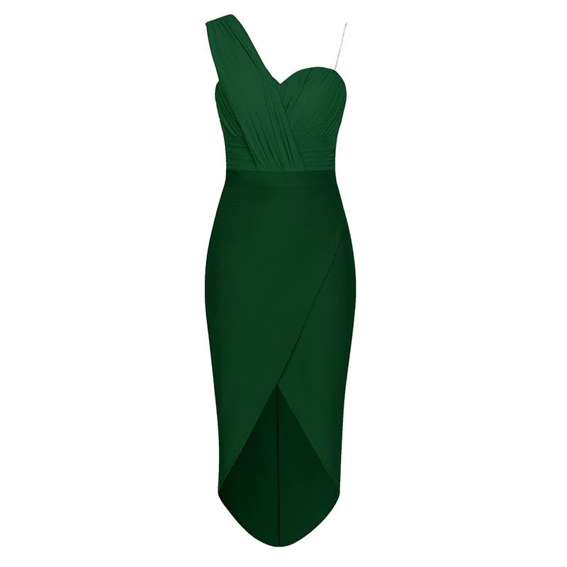 Sexy Midi Dress Strap One Shoulder Draped Fold Sleeveless Bandage Bodycon High Quality Dark Green / S Sexy Midi Dress Strap One Shoulder Draped Fold Sleeveless Bandage Bodycon High Quality Dark Green / S