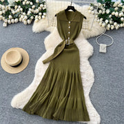 SINGREINY 1950s Ribbed Knit Dress Sleeveless Lapel Belt French Ins Chic Spring Summer Celebrity Style Feminine A-line Long Dress