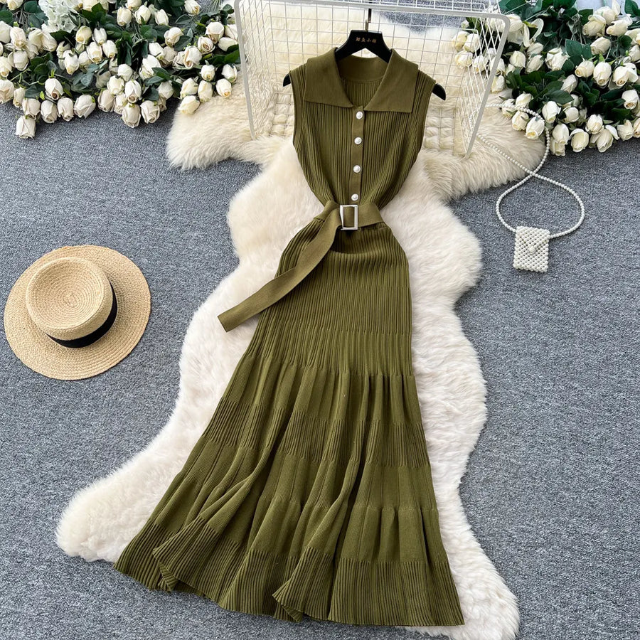 SINGREINY 1950s Ribbed Knit Dress Sleeveless Lapel Belt French Ins Chic Spring Summer Celebrity Style Feminine A-line Long Dress