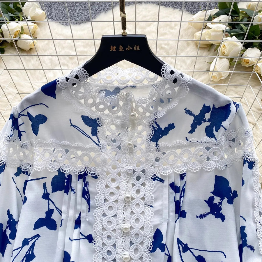 Hollow Out Embroidery 2 Pieces Set Women Stand Lantern Sleeve Pearls Buttons Linen Shirt Top + High Waist Pocket Shorts Suits