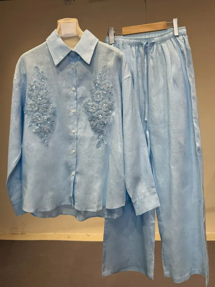 Spring Summer Women Embroidered Linen Sets Loose Fit Long Sleeve Shirt Outfits Elastic Waist Wide Leg Floor Pants Two Piece Set
