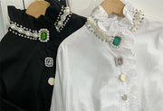 High Quality Long Sleeve Ruffle Collar Diamond Button Shirts