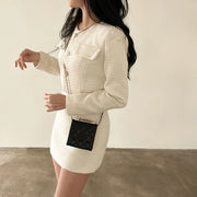 Tweed two piece set single breasted long sleeve crop top + high waist flared mini skirt high quality