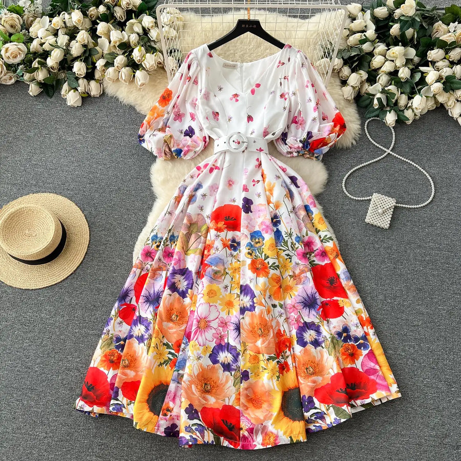 Runway Fashion V-Neck Short Lantern Sleeve Flower Print Belted Holiday Long Robes