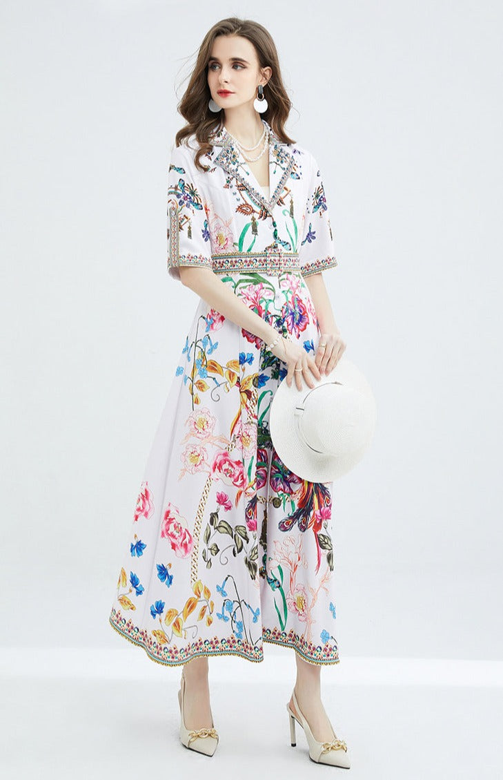 Long short-sleeved dress with flower print and high-quality belt