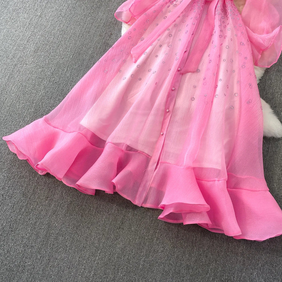 Fashion Temperament Bandage Slim Waist Dress Fairy Gauze Ruffled Long Robe Turn-down Collar Single Breasted Diamonds Vestidos