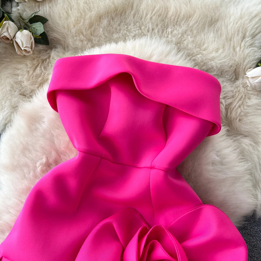 High quality three-dimensional flower high waist sexy elegant dress