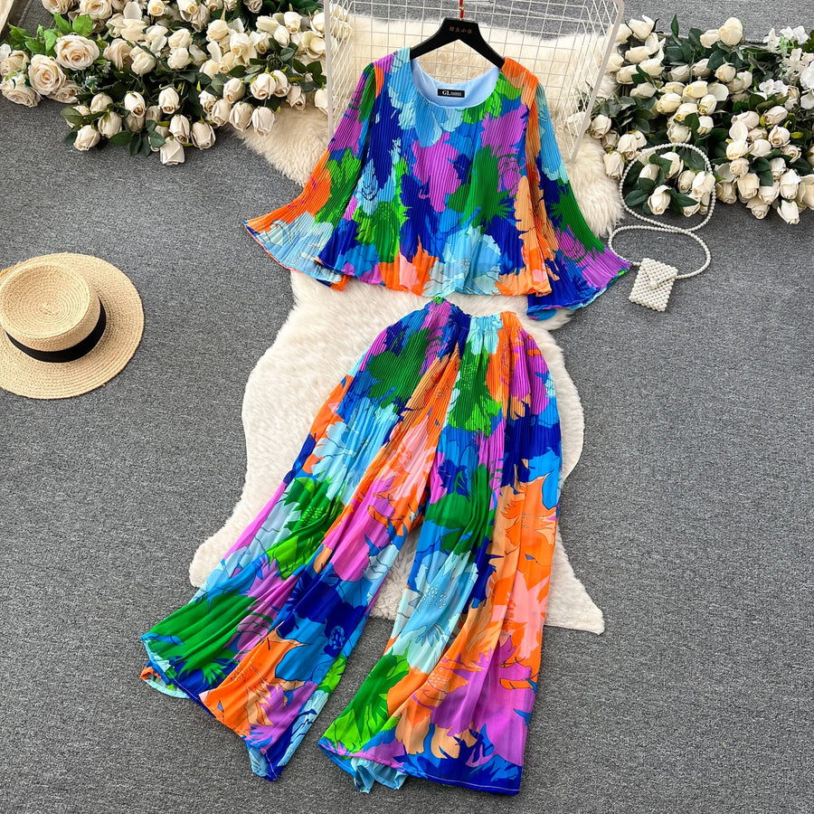 Autumn Women Draped Two Piece Set Bohemian Female Floral Pleated Short Blouse + High Waist Wide Leg Pants Chiffon Suit 2Pcs New