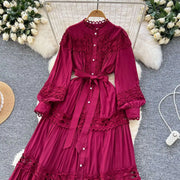 Elegant retro style slit maxi dress with pearl buttons and high-quality crochet embroidery